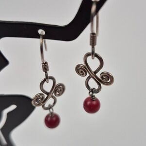 Artisan Style Silver‎ Tone Wire Wrapped Earrings Red Beads Celtic Dangle 1.25"
